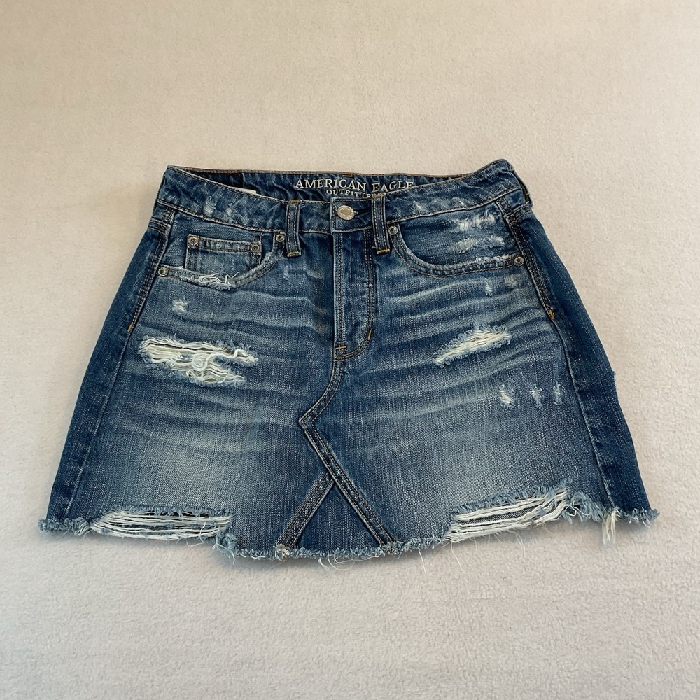 American Eagle Mini Skirt Womens 0 Blue Denim Jeans Button Fly Destroyed Raw Hem
